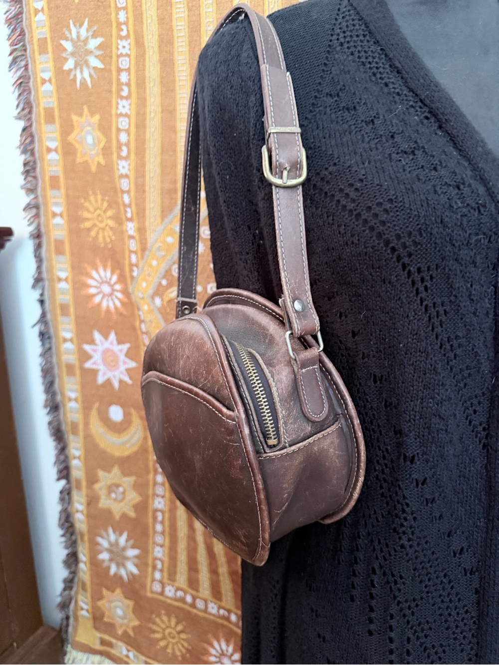 Classic Round Cantene  Brown Leather Crossbody Bag
